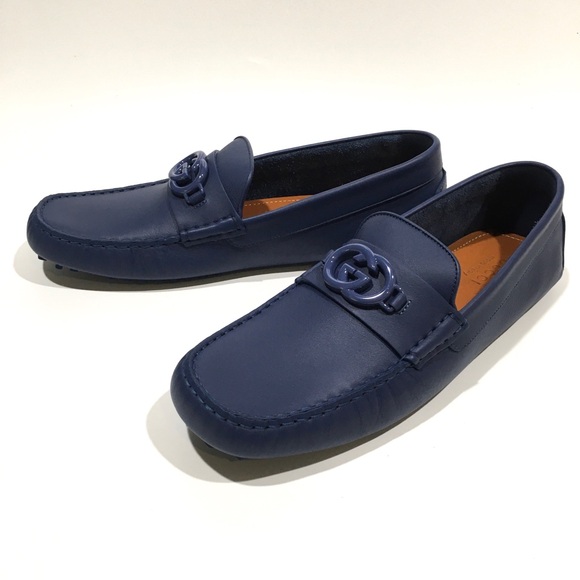 GUCCI INTERLOCKING G DRIVING MOCCASINS -INDIGO BLUE CALF LEATHER -MEN US 13 -NEW - Picture 7 of 9